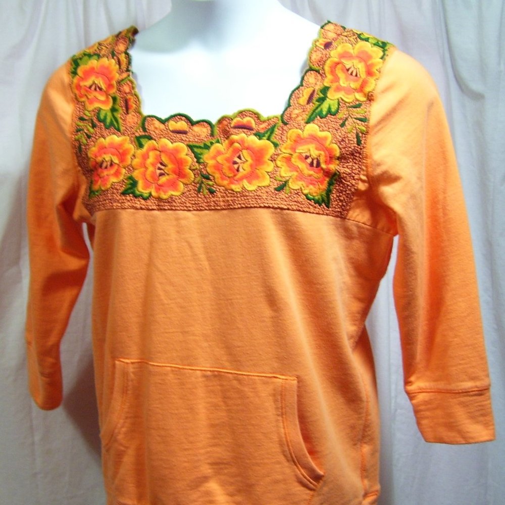 Lucky Brand Knit Sweatshirt Orange With Embroidery NWOT Size L
